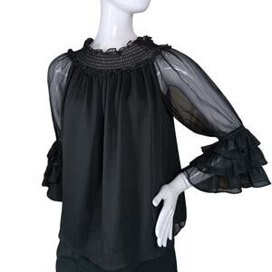 CeCe Sheer Top Size Small Black Lined Bodice See Thru Flared Sleeves